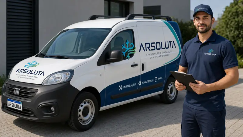Técnico da Arsoluta ao lado do veículo da empresa