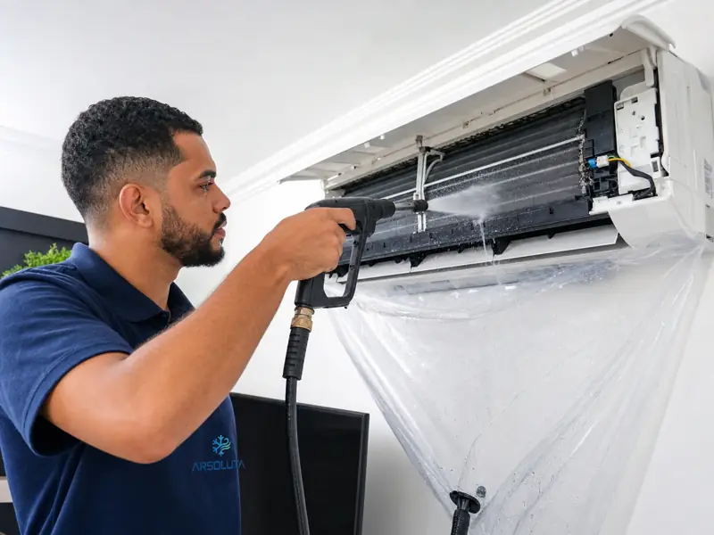 Técnico da Arsoluta lavando a evaporadora de um ar condicionado split